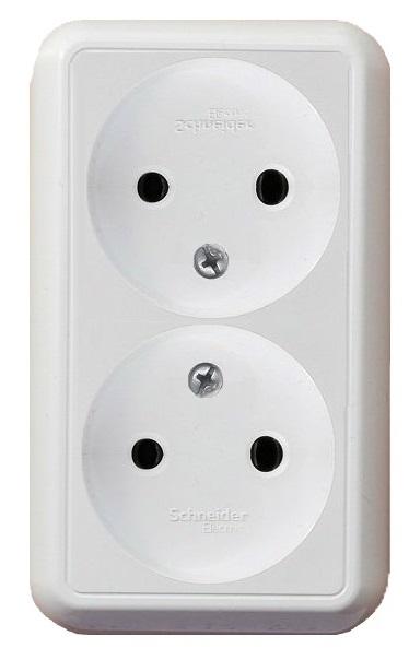Schneider Electric  Прима  Белый  Розетка 2-местная без заземляющих контактов 16А, 250В,   замена на RA10-403-BI IP20 открытая установка RA16-213-BI